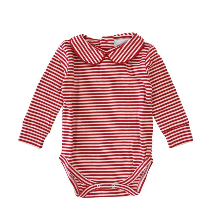 little english classic childrens clothing striped red long sleeve onesie with peter pan collar