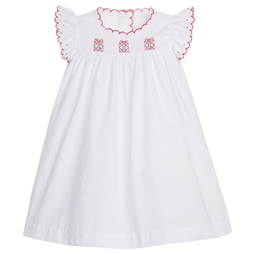 Little English traditional children's clothing, Tea Gown with red stitching around sleeved and collar, present stitched details on chest, for little girl