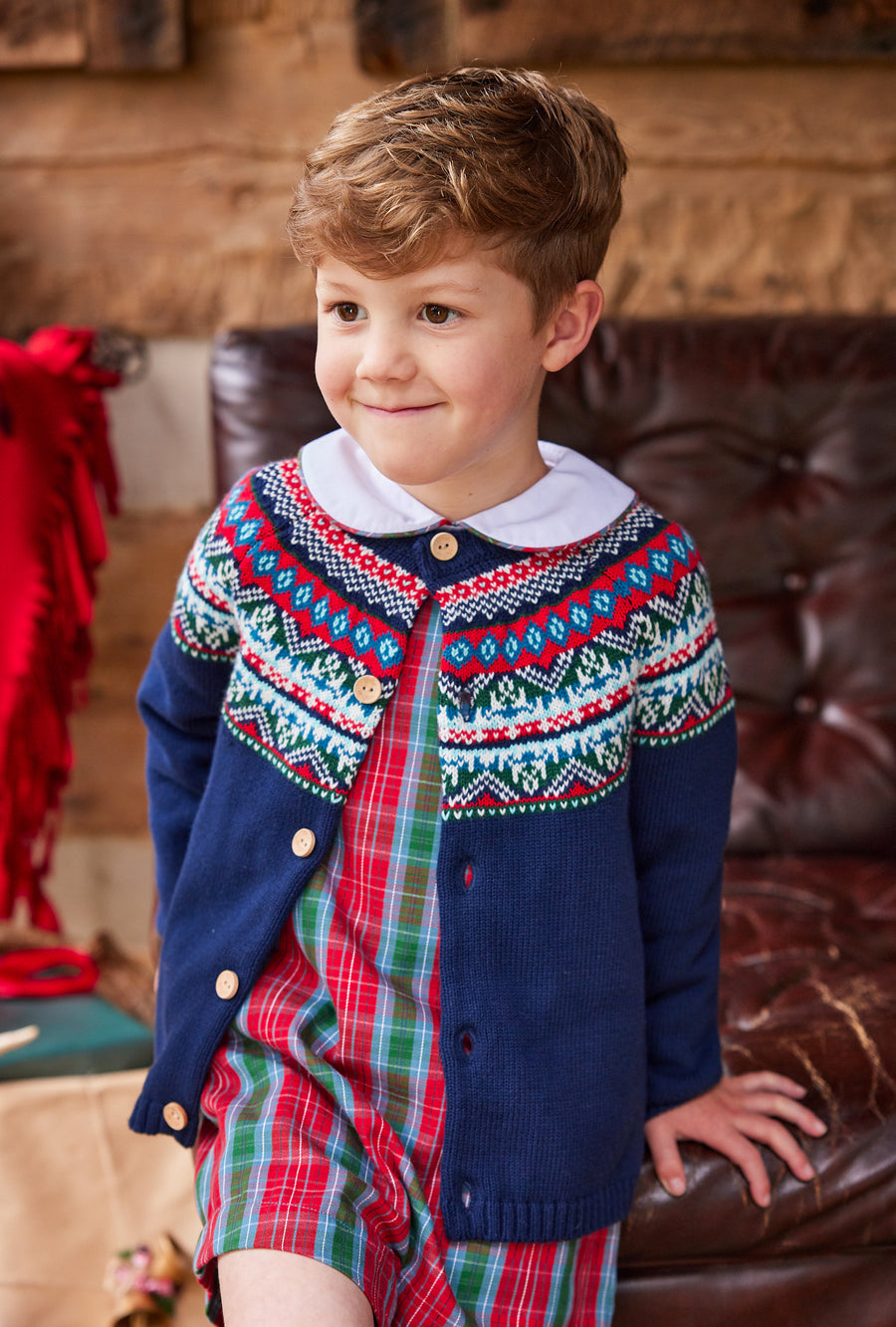 Little English traditional children's clothing, Highlands Fair Isle cardigan in navy with wooden buttons down the center, for little boy 