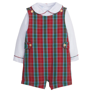 Little English traditional children's clothing, Vintage Button Tab John John Set in red, green, and blue highlands tartan pattern for little boy