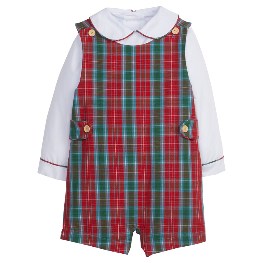 Little English traditional children's clothing, Vintage Button Tab John John Set in red, green, and blue highlands tartan pattern for little boy