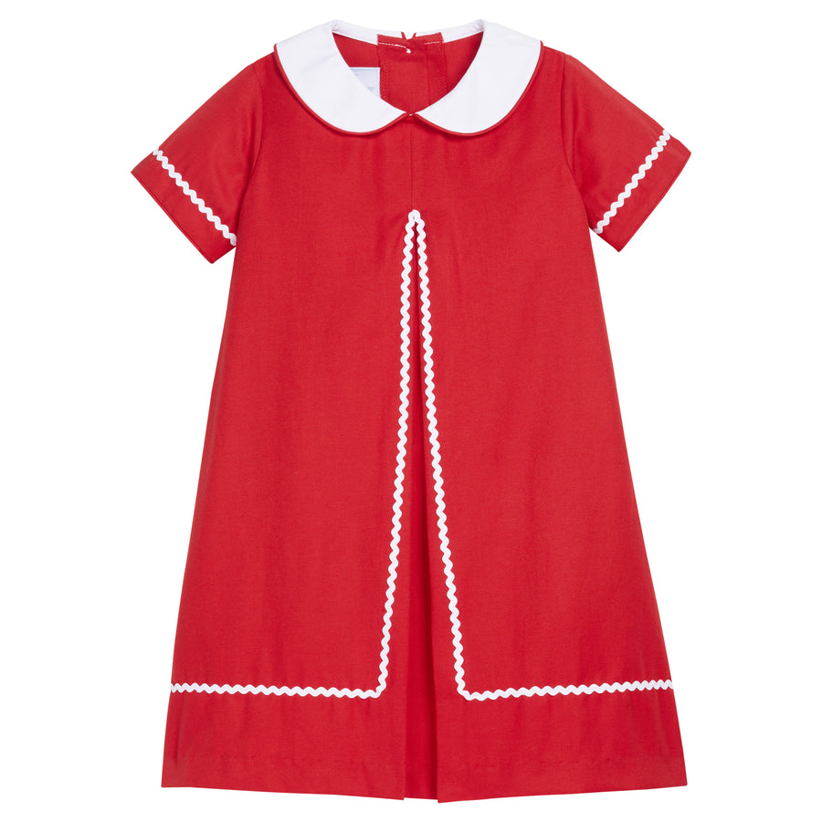 Little English traditional children's clothing.  Vintage red peter pan dress for little girls with white rick rack detailing