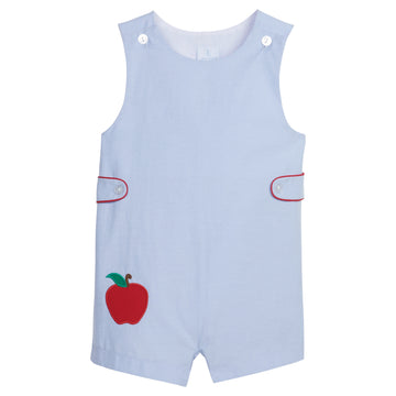 Little English traditional children's clothing. Light blue chambray john john for toddler boy . Back to school outfit with red apple applique and red piping for fall.