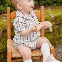 Little English baby boy's traditional clothing, blue and brown plaid bubble for fall