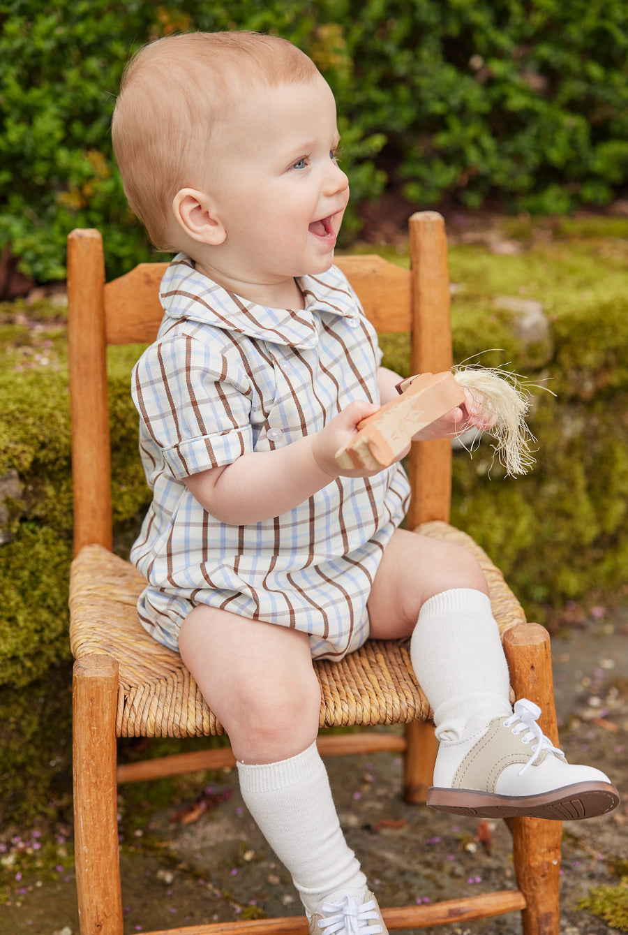 Little English baby boy's traditional clothing, blue and brown plaid bubble for fall