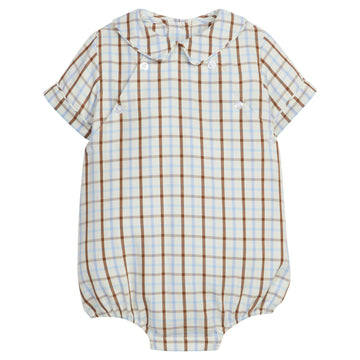 Little English baby boy's traditional clothing, blue and brown plaid bubble for fall