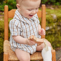 Little English baby boy's traditional clothing, blue and brown plaid bubble for fall