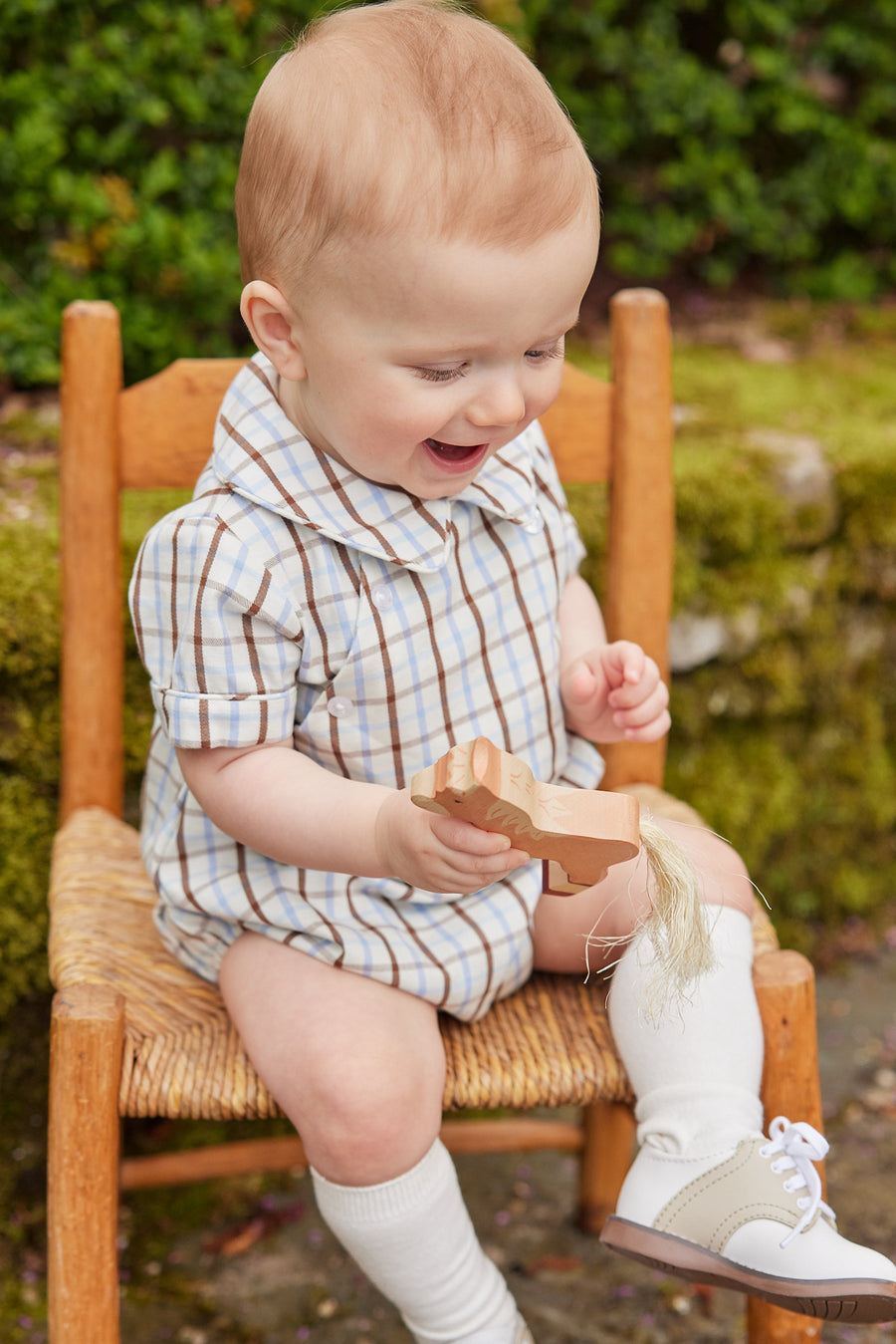 Little English baby boy's traditional clothing, blue and brown plaid bubble for fall