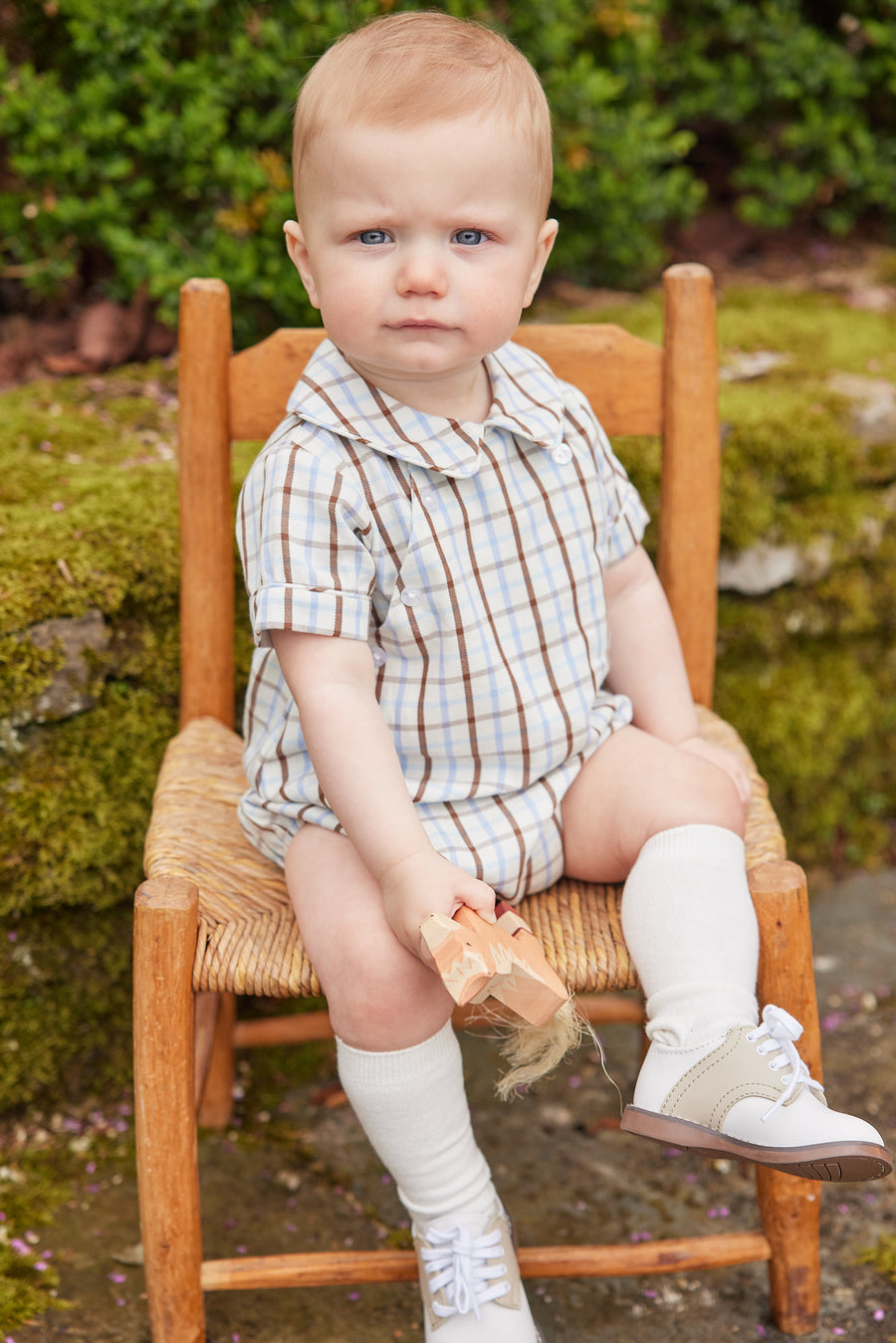 Little English baby boy's traditional clothing, blue and brown plaid bubble for fall