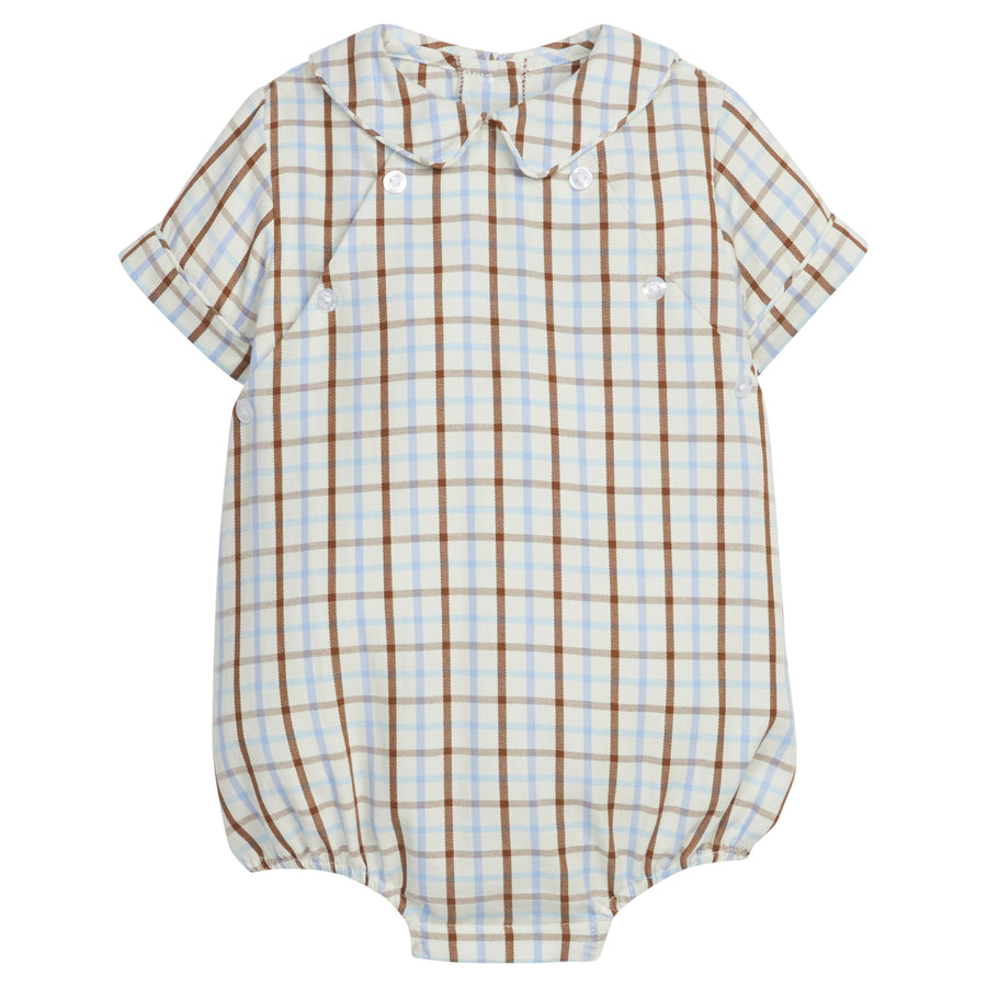 Little English baby boy's traditional clothing, blue and brown plaid bubble for fall