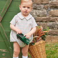 Little English baby boy's traditional clothing, blue, green, and orange  plaid bubble for fall