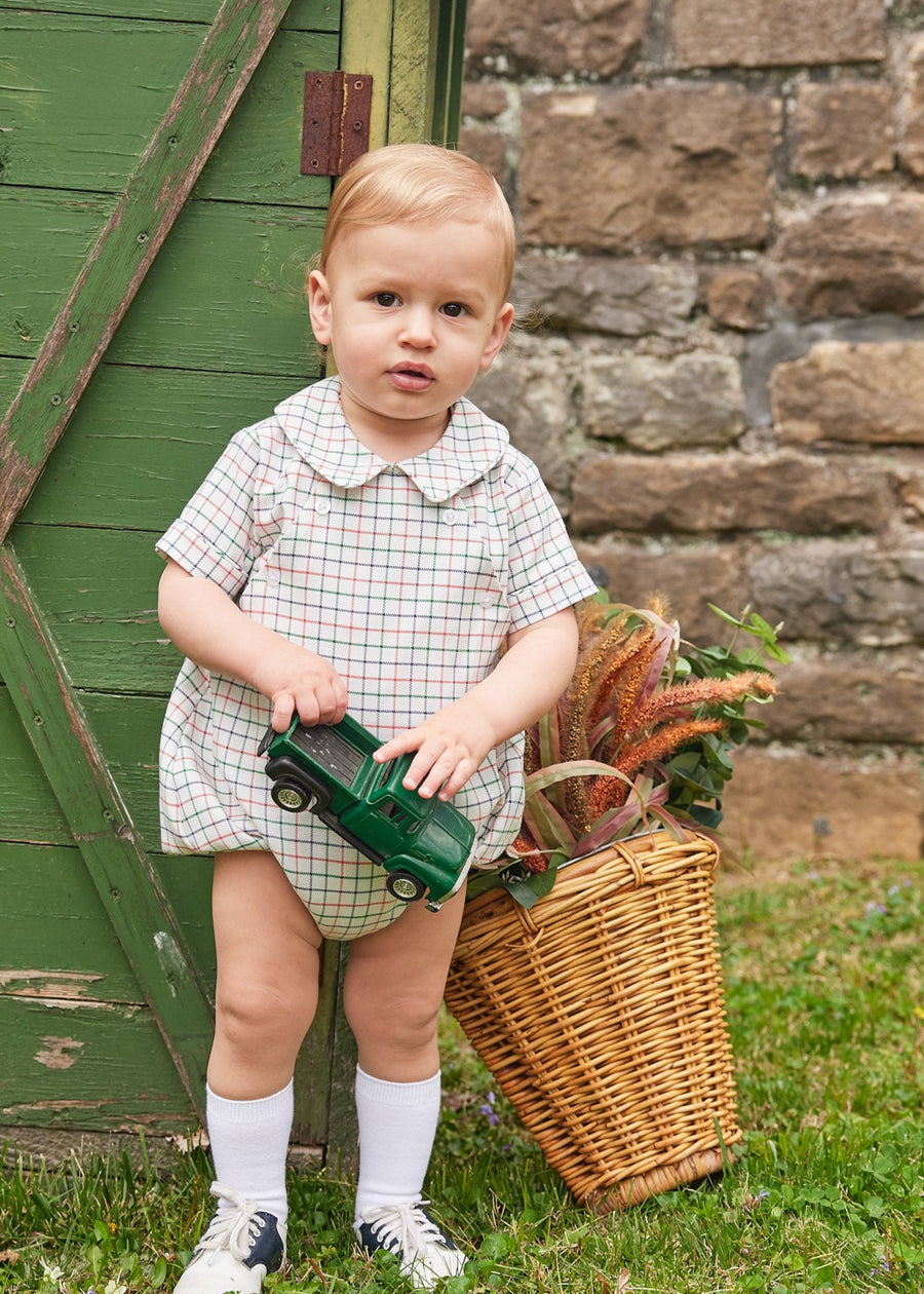 Little English baby boy's traditional clothing, blue, green, and orange  plaid bubble for fall