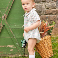 Little English baby boy's traditional clothing, blue, green, and orange  plaid bubble for fall