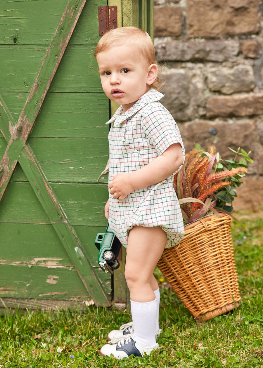 Little English baby boy's traditional clothing, blue, green, and orange  plaid bubble for fall