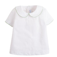 Little English traditional children's clothing, baby boy's classic peter pan collar shirt with green whipstitch detailing for Spring