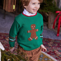 classic childrens clothing intarsia sweater in dark green with knit gingerbread man in font and red stripe on collar