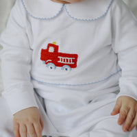 Little English signature crochet playsuit, fire truck romper for baby