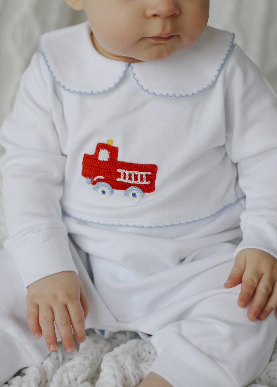 Little English signature crochet playsuit, fire truck romper for baby