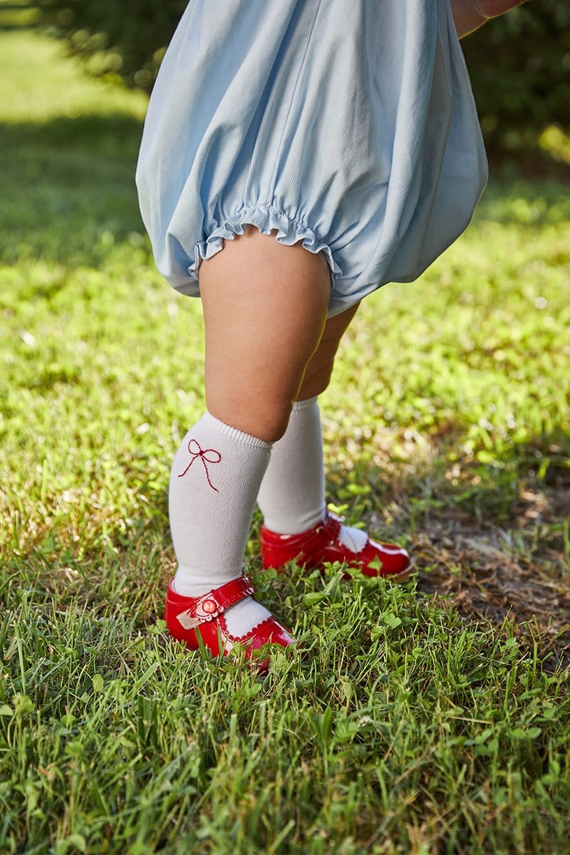 Little English traditional children's knee high socks, red holiday bow embroidered sock for girl